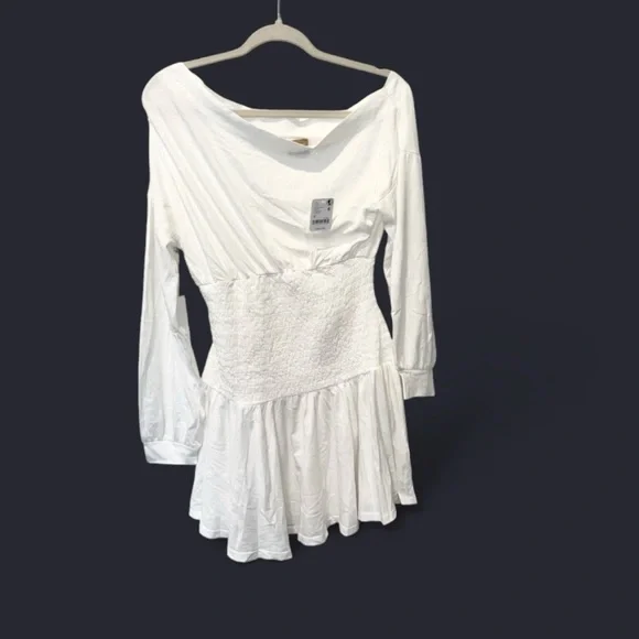 Free People Free-Est Scorching Hot Ivory Mini Dress Smocked Off Shoulder Boho M - Picture 3 of 10